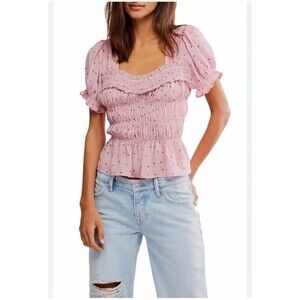 Adore you Ruffle Free People Top XS Floral Puff Sleeve Texture Smock Sheer Boho